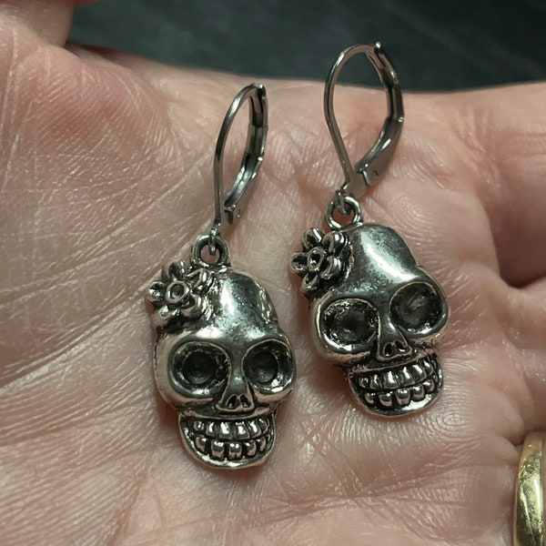 Silver Skull with Flower Earrings Day of the Dead with Stainless Steel Lever Backs