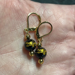 Dragon Onyx and Golden Beaded Earrings with Stainless Steel Lever Backs