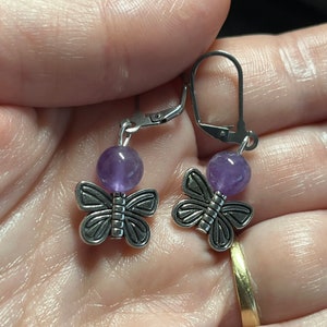 Genuine Amethyst and Silver 3-D Butterfly Earrings with Stainless Steel Lever Backs