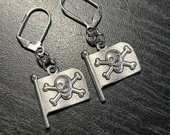 Jolly Roger Skull and Crossbones Pirate Flag with Stainless Steel Lever Backs Earrings