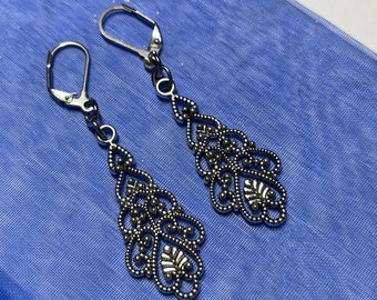 Silver Tone Chandelier Antique Style Earrings