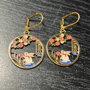Sakura and Bunny Rabbit Golden Earrings with Stainless Steel Lever Backs