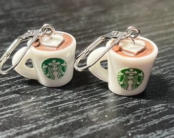 Starbucks Inspired Coffee Heart Mugs Stainless Steel Lever Back Earrings