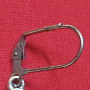 May include: Silver earring with a hook closure. The hook is made of metal and has a smooth finish.