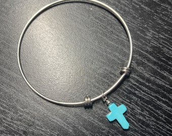 Turquoise Howlite Cross Adjustable Stainless Steel Bracelet