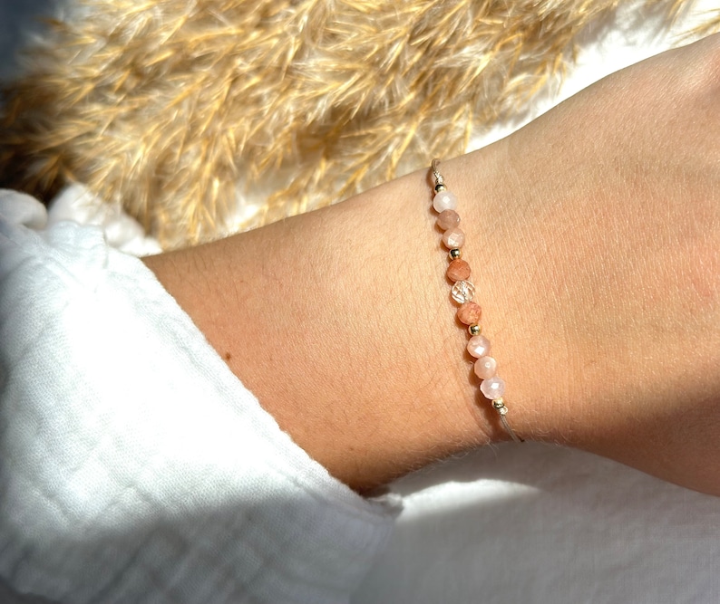 Freude Selbstliebe Edelstein Armband Rosenquarz Sonnenstein Bergkristall Mondstein Geschenk 925 silber 14k Gold filled Bild 4