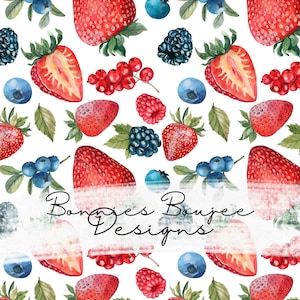 Berry Fruit Seamless File with Strawberries, Blueberries, Blackberries and Leaves, Digital Download