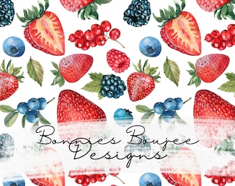 Beerenfrucht-nahtlose Datei mit Erdbeeren, Blaubeeren, Brombeeren und Blättern, digitaler Download