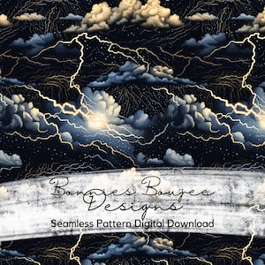May include: A seamless pattern featuring a dark blue background with white and gold clouds and lightning bolts. The text "Bonjies Boujee Designs" and "Seamless Pattern Digital Download" is at the bottom of the image.