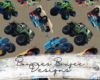May include: A seamless pattern featuring various monster trucks in different colors, including blue, green, and orange. The trucks have large tires and are driving on a brown background. The text "Bonjies Boujee Designs" is visible in the bottom center of the image.