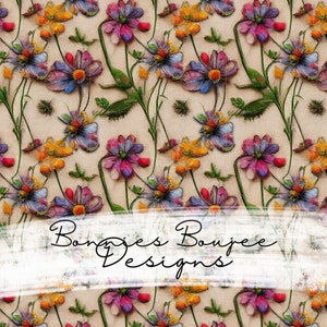 Embroidery Seamless Pattern, Wildflowers Seamless, Digital Download