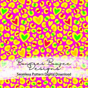 May include: A seamless pattern digital download featuring a pink background with yellow, green, and red hearts on a leopard print pattern. The text "Bonjies Boujee Designs" is at the bottom of the image.