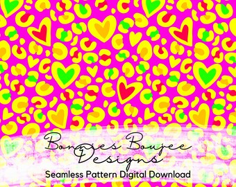 Hand Drawn Swim Safe Leopard Seamless Pattern with hearts, Neon Seamless, Digital Download