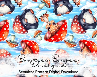 Cottagecore Rendier & pinguïn paddenstoelhoed aquarel kerst naadloos bestand