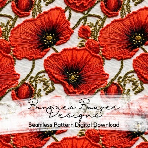 May include: A seamless pattern digital download featuring a repeating design of red embroidered poppies with gold accents on a white background. The text "Bonnies Boujee Designs" is visible at the bottom of the image.