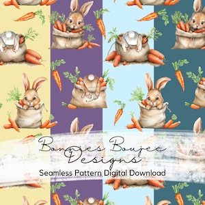 Watercolor Bunnies Seamless Pattern: Carrots, Easter Theme (Digital Download)