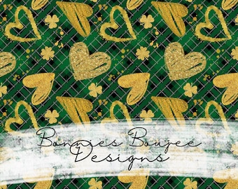 Naadloos St. Patrick's Day-bestand: gouden klavertjes en harten, groene plaid (digitale download)