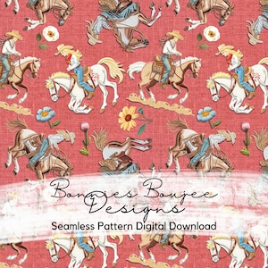 Embroidery Cowgirl Seamless Pattern on Red - Western and Country Horse Pattern Digital Download