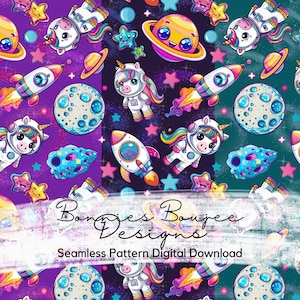 May include: A seamless pattern featuring a whimsical space theme with unicorns wearing astronaut suits, planets, stars, rockets, and moons. The background is a dark purple and teal color with a glittery effect.