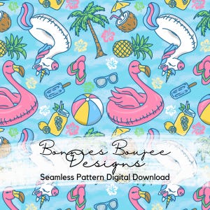 Ręcznie rysowane Pool Party z Flamingo Floatie Seamless File, cyfrowe pobieranie