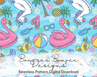 May include: Seamless pattern with a light blue background featuring cartoon illustrations of a pink flamingo float, a unicorn, a coconut drink, a beach ball, and other summer-themed elements. The text "Bongies Boujee Designs" and "Seamless Pattern Digital Download" are also present.