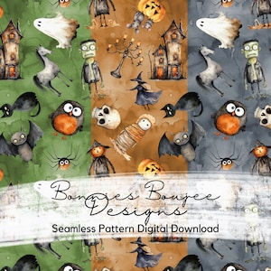 Horror Style Halloween Characters Seamless File, Digital Download - Three Colorways