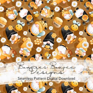 May include: A seamless pattern featuring gnomes wearing bee wings and holding honeycombs, bees, and flowers. The background is a honeycomb pattern in shades of brown and yellow. The text "Bonnies Boujee Designs" and "Seamless Pattern Digital Download" is included in the design.