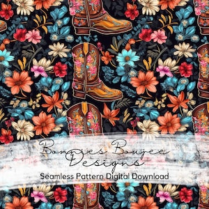 Floral Cowgirl Boots Seamless Pattern: Western Digital File (PNG)