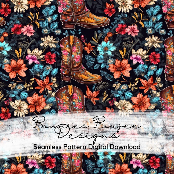 Floral Cowgirl Boots Seamless Pattern - Western Cowboy Boots Pattern Digital Download
