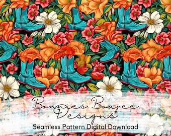 Patrón sin costuras de botas vaqueras florales: Archivo de verano campestre (descarga digital)