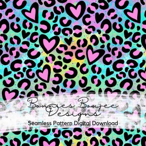 Hand Drawn Rainbow Colored Heart Leopard Seamless File, Animal Print Seamless Pattern, Digital Download