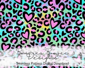 Hand Drawn Rainbow Colored Heart Leopard Seamless File, Animal Print Seamless Pattern, Digital Download