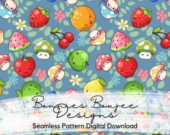 Kawaii Fruits & Mushrooms Seamless Pattern: Cottagecore Digital File (Digital Download)