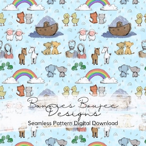 May include: A seamless pattern digital download featuring a whimsical design with cartoon animals, rainbows, and a wooden ark on a light blue background. The design includes pairs of animals, a couple, and the text "Bongies Boujee Designs".
