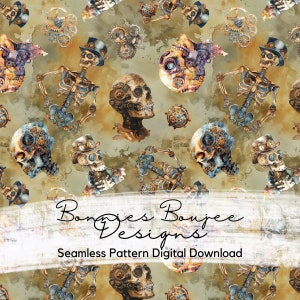 May include: A seamless pattern featuring a watercolor design of skeletons with gears and cogs, skulls with gears and cogs, and a vintage steampunk aesthetic. The background is a muted green with brown and white watercolor splatters. The text "Bongies Boujee Designs" and "Seamless Pattern Digital Download" is included in the design.