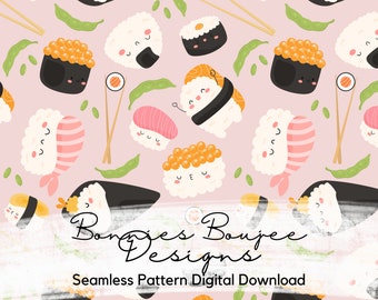 Sushi Kawaii Seamless File, Food Seamless Pattern, Digital Download