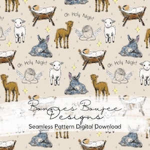 May include: A seamless pattern featuring a beige background with a variety of illustrations related to the Christmas story. The illustrations include a donkey, a camel, a lamb, a baby in a manger, and an angel. The text "Oh Holy Night" is repeated throughout the pattern.