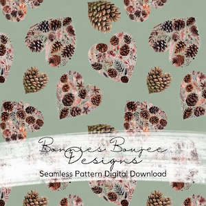 Pinecone Valentine Heart Seamless Pattern, Watercolor Valentine's Seamless File, Woodland Digital Download