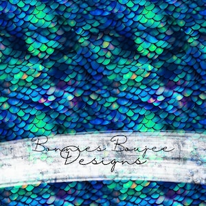 May include: A seamless pattern of iridescent blue, green, and purple scales. The scales are arranged in a repeating pattern, creating a shimmering effect. The background is a dark blue color.