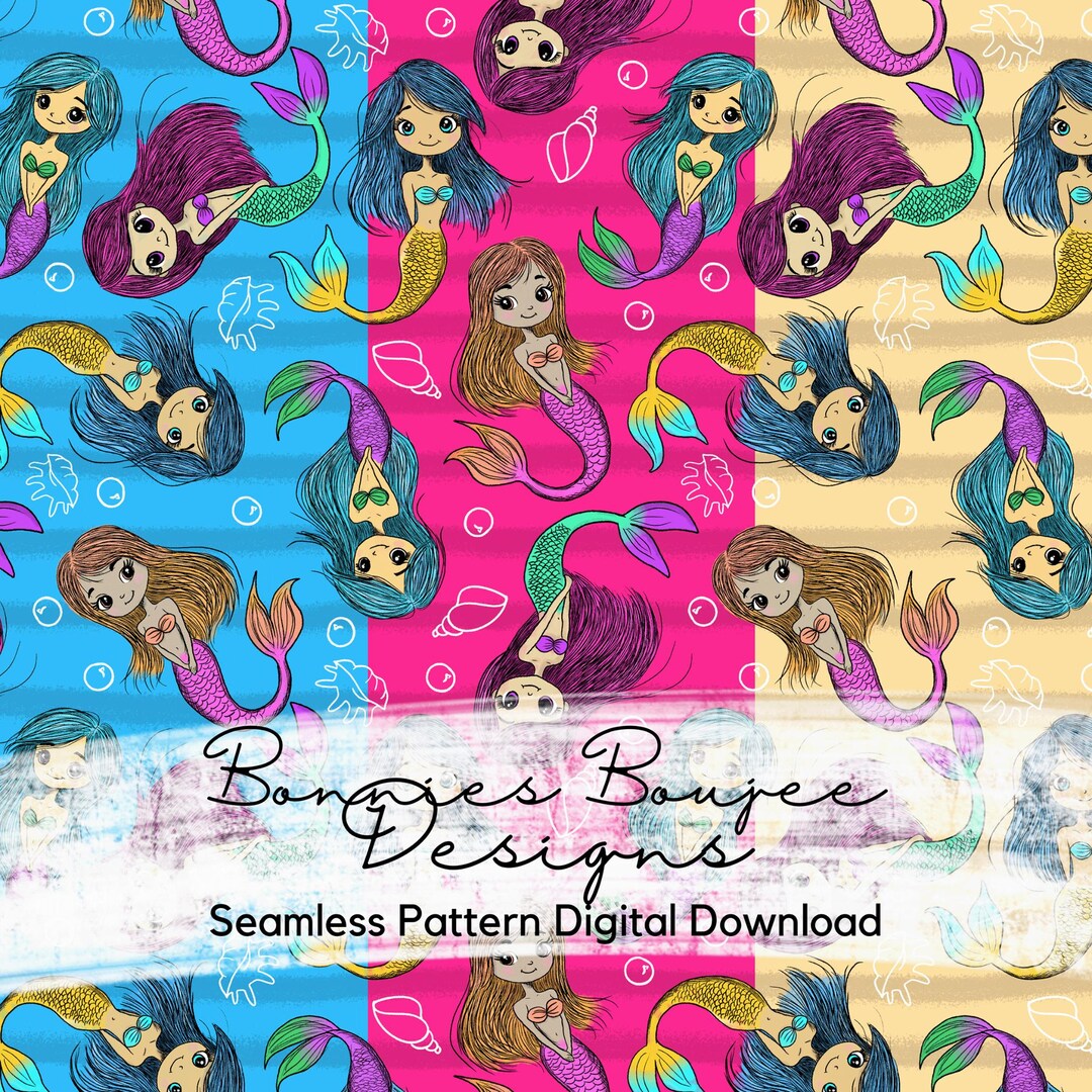 Meremere Pattern Mermaid Seamless Pattern – Hand Drawn, Three Colorways (digital ...