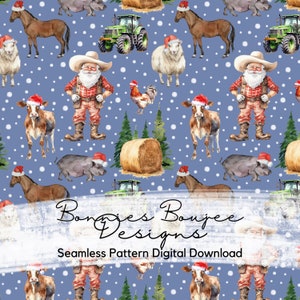 Santa Farmer with Farm Animals Watercolor Christmas Seamless File - Two Colorways