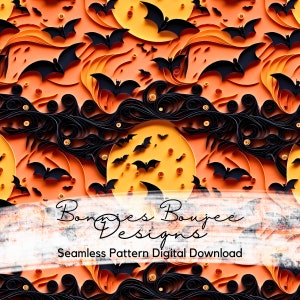 Quilled Citrus Bats Seamless Pattern: Halloween Spooky Design (Digital Download)