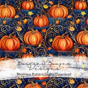 May include: Seamless pattern digital download featuring orange pumpkins with gold vines and leaves on a dark blue background. The text "Bongies Boujee Designs" is in the center of the image.