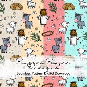 May include: A seamless pattern digital download featuring a pastel colour palette with illustrations of a lamb, donkey, a crown of thorns, a loaf of bread, a palm branch, a sun, a dove, and the text "He is Risen".