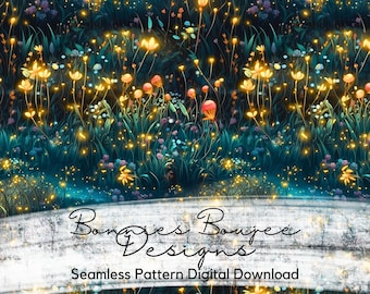 Firefly Floral Seamless Pattern: Twinkling Lights Design (Digital Download)