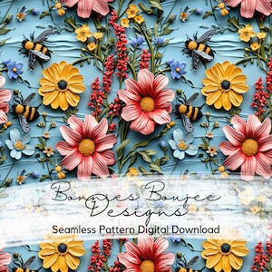 Op de afbeelding: Een naadloze patroon digitale download met een blauwe achtergrond met roze, gele en rode bloemen, groene bladeren en bijen. De tekst "Bonjies Boujee Designs" staat in het midden van de afbeelding.