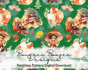 Fairy Mushroom Cartoon Seamless Pattern (Digital Download)