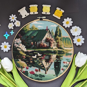 Cosy Cottage on a Lake Pattern - Modern Cottagecore Cross Stitch - Digital PDF, Instant Download