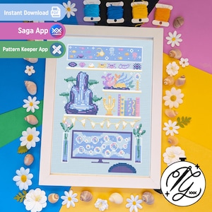 May include: Framed cross-stitch artwork depicting a blue and purple bookshelf with a computer screen. The design includes the text "Instant Download PDF", "Saga App", and "Pattern Keeper App". The image is decorated with seashells, daisies, and spools of thread.