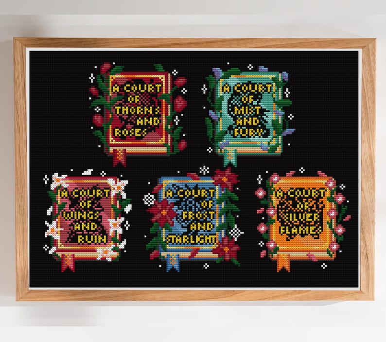 May include: A framed cross-stitch pattern on a black background featuring five rectangular book designs. Each book displays a title: A Court of Thorns and Roses, A Court of Mist and Fury, A Court of Wings and Ruin, A Court of Frost and Starlight, and A Court of Silver Flames, surrounded by colorful floral and botanical motifs.
